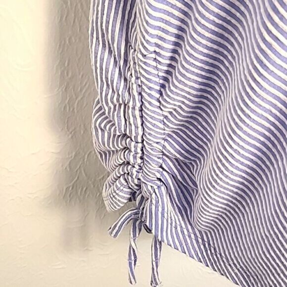 French Laundry Blue & White Pinstripe Top Buttons on Shoulders & Ruching… - Picture 4 of 8